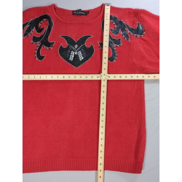 VTG Work In Progress Hong Kong Red Sweater Beaded Leather Heart 80s M - Picture 7 of 13